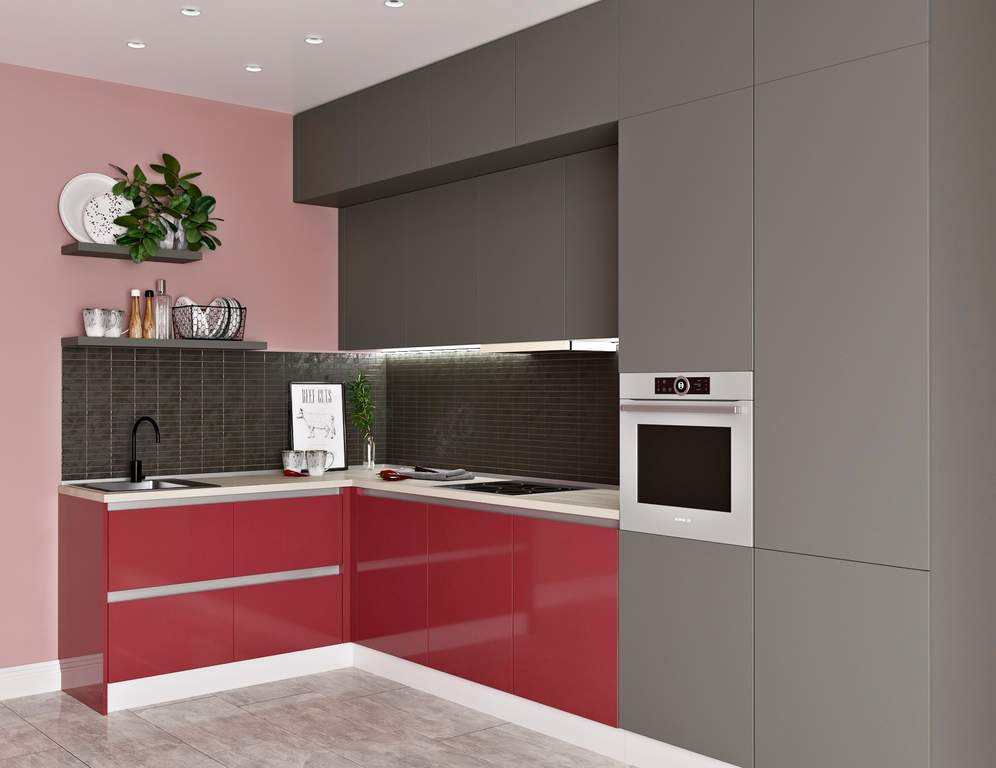 Кухня угловая, Модерн AGT глянец красный/матовый серый Изображение