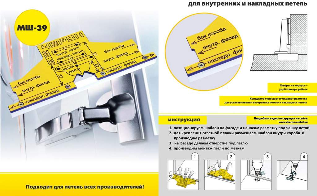 Мебельный шаблон для внутренних и накладных петель мш 39