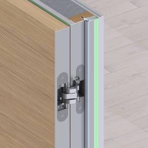 Петля скрытая OTLAV для компланарных дверей, универсальная, 3D, 130x32/25 мм, 60 кг, цамак и алюминий, с 4 накладками и 4 винтами для крепления накладок, серебро матовое Изображение 4