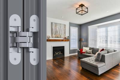 Петля скрытая OTLAV для компланарных дверей, универсальная, 3D, 130x32/25 мм, 60 кг, цамак и алюминий, с 4 накладками и 4 винтами для крепления накладок, серебро матовое Изображение 2